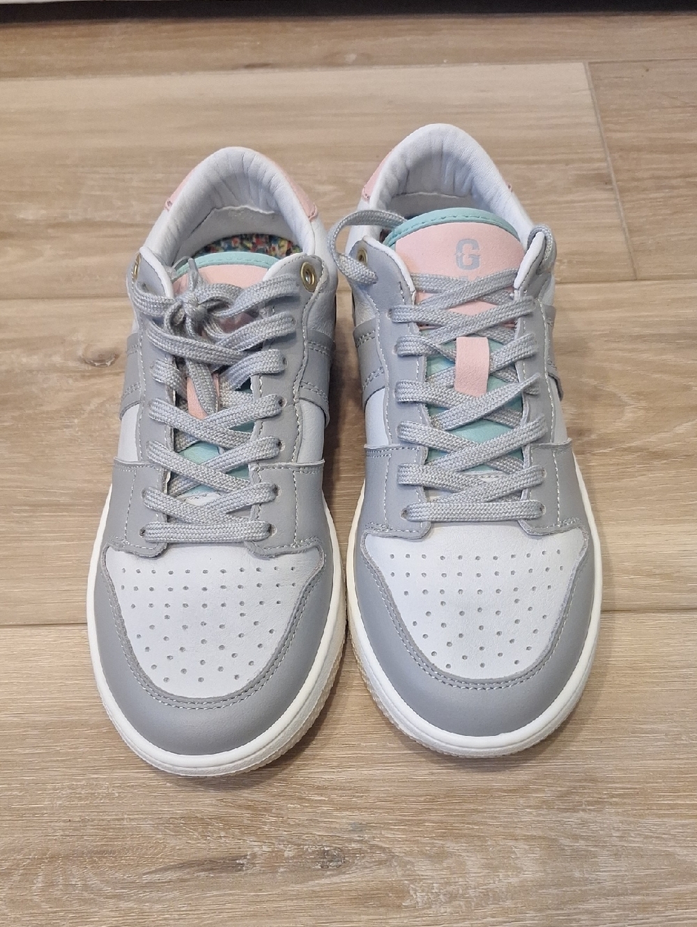 Greats Brooklyn Grey & White Leather Sneakers with Pastel Pink & Mint Accents 6